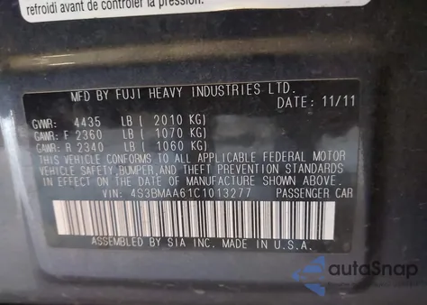 2012 Subaru Legacy 2.5I из США, поврежденный, VIN 4S3BMAA61C1013277